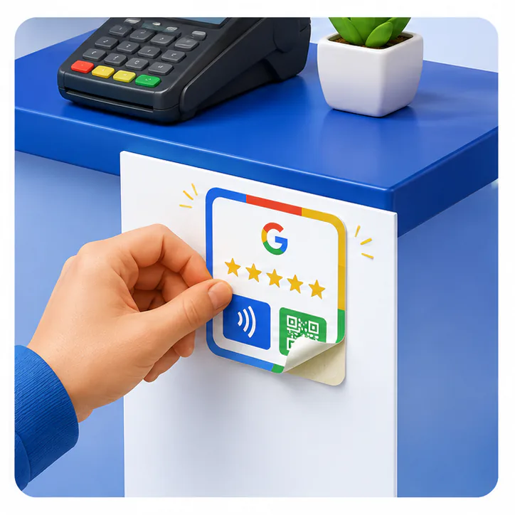 Kartu NFC Review ditempel di bagian depan meja kasir